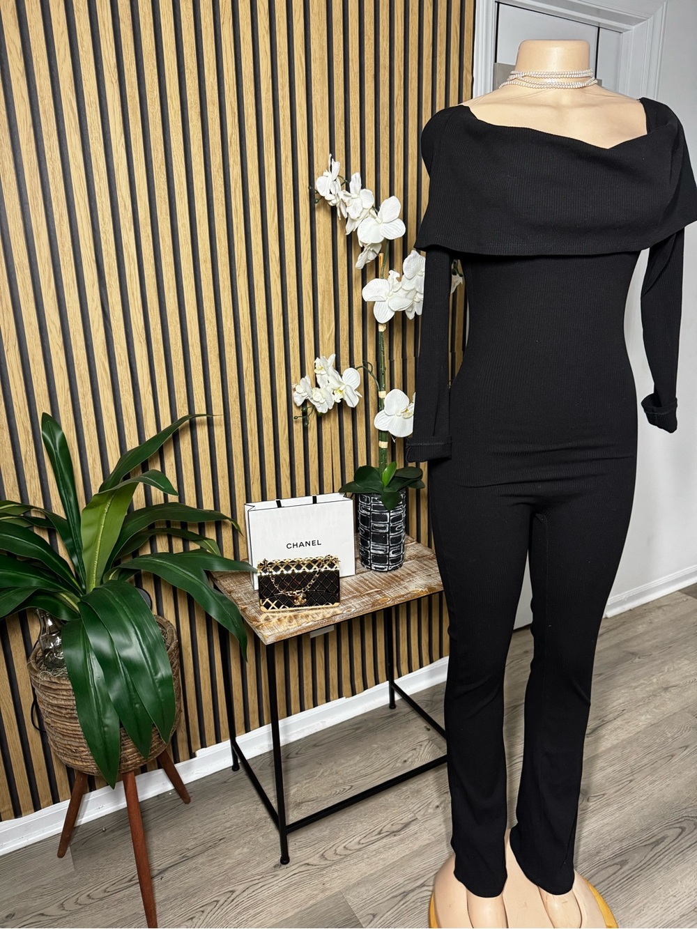Fashion Nova Black Off-Shoulder Ribbed Jumpsuit